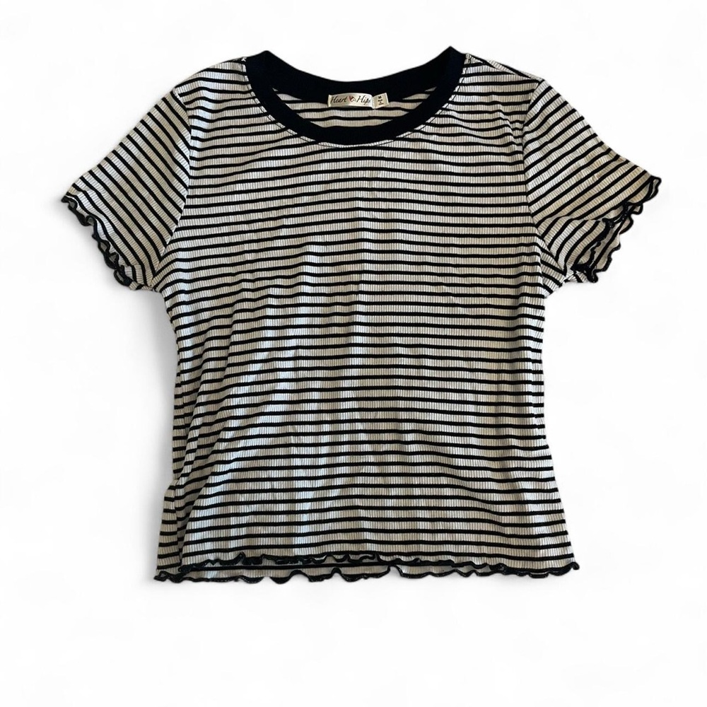 Striped Black and White Lettuce Trim Cropped T-Shirt